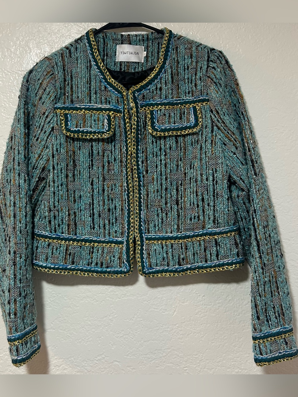 Teal Bouclé Jacket with Gold Chain Trim